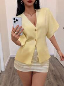 DEEKA European & American Style Summer Graduation Outfit Women Versatile Minimalist V-Neck Short Sleeve Knitted Sports Top Jacket