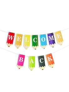 Pancarta de bienvenida de regreso a clases con decoraciones de lápices de colores - Guirnalda con forma de lápices de colores y banderines con iconos escolares para decoración de aula, oficina, hogar, fiesta del primer día de clases