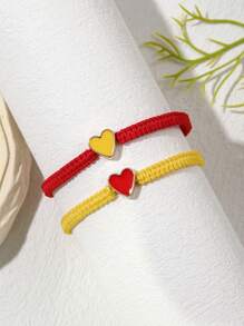 2pcs Heart Handmade Braided Adjustable Couple Bracelet, Suitable For Men And Women, Valentine's Day Gift And Daily Wear