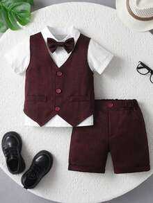 3 pezzi Set abbigliamento per ragazzi giovani, inclusi camicia con papillon, gilet e pantaloncini con bretelle regolabili, adatto per occasioni, feste, eventi formali, matrimoni, battesimi, cerimonie, rientro a scuola, compleanni, per neonati da 1 mese a 2 anni e bambini piccoli da 3 a 7 anni