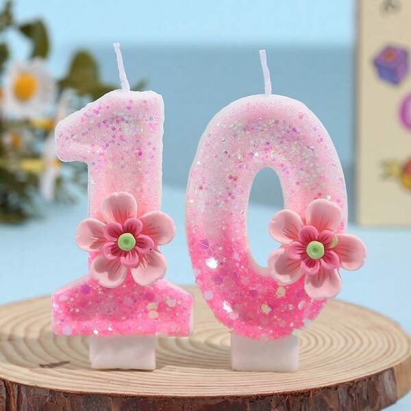 1pc Number 0-9 Digit Birthday Candles, Gradient Pink Five-Petaled Flowers Digital Candles With Sequins, Suitable For Birthday Party Cake Decoration, Suitable For Anniversary Parties,Suitable For Cute Pet Theme Cake Decoration Candles, Cake Decoration Pure Handmade DIY