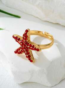4pcs Fashion Classic Casual Crystal Pearl Starfish Adjustable Ring Set, Gift For Wife Friends, Can Be Worn For Beach, Party, Commute
