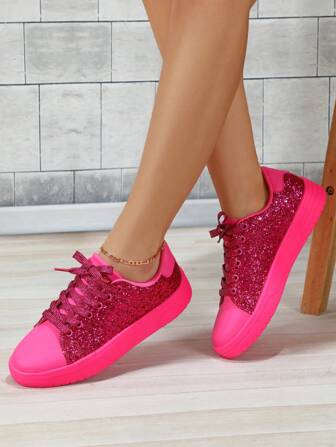 Women's Casual Skateboard Shoes, Glitter Stitching Contrast Color, Personalized Sweet Style, Commuting Street Cool Simple Fashion Elegant Lady Sports Sneakers For Gifts