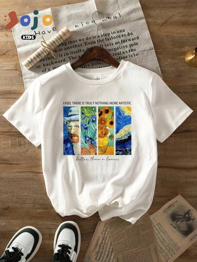 Novo estilo de primavera, camiseta esportiva infantil de algodão puro, macia e confortável, gola redonda, estilo universitário de rua, manga curta, pintura a óleo em grade de quatro quadrados, top estampado com pintor impressionista