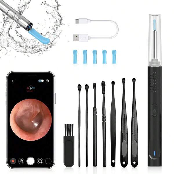 HB Kit de limpieza de cera de oídos con 5 cucharillas, limpiador de oídos con cámara, herramienta quitacera de oídos con 1080P, kit recargable de eliminación de cerumen para niños y adultos