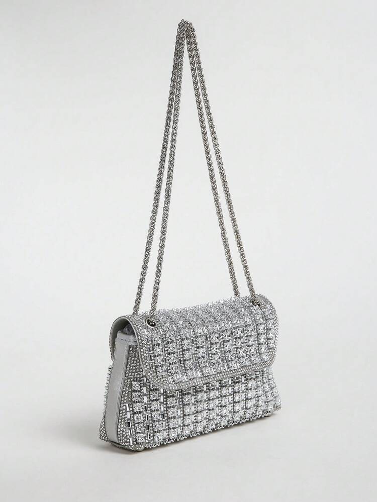 1pc Shiny Square Handbag, Elegant And Exquisite, Decorated With Delicate Crystal Chain, Can Be Used As A Shoulder Clutch For Parties, Galas, And Formal Events, A Perfect Gift For Women. Also Available Is A Shiny Snap-Closure Evening Wallet, Suitable For Carnival And Similar Occasions. - Silver - View 1