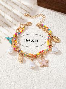 1 pulseira com pingente de pérola, estrela do mar e concha, elegante, cor dopamina, fresca, simples e versátil