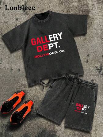 Lonblece Vintage Casual Sportset för män, amerikansk stil, tvättad sliten look, exklusiv, lös passform, mångsidig, kortärmad t-shirt och shortsset