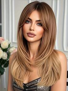 女士优雅长直棕色假发，带刘海 - 蓬松层次感，150% 密度，适合日常派对，百搭假发，自然造型假发，假发配件 - 漸層棕色 - 查看 2