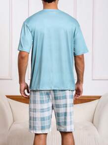 2pcs/Set Summer Lightweight Round Neck Short Sleeve Top With Plaid Print Shorts, Casual Stylish Pajama Set