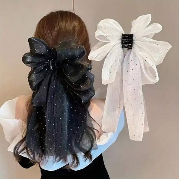 1 peça presilha de cabelo grande com laço brilhante e fita longa, acessório de cabelo com pegada forte, elegante para mulheres, acessórios de cabelo da moda, presilhas de beleza, grampo de cabelo boho