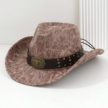 Women Men Cowgirl Hat, Vintage Bull Head Roll-Up Wide Brim Western Hat For Daily Party - 深卡其色 - 查看 1