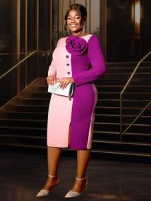 Plus Size 1pc Color Block V-Neck Ruffle Decor Long Sleeve Fitted Dress, Party Dress, Wedding Guest Cocktail Dress - Pink - View 5