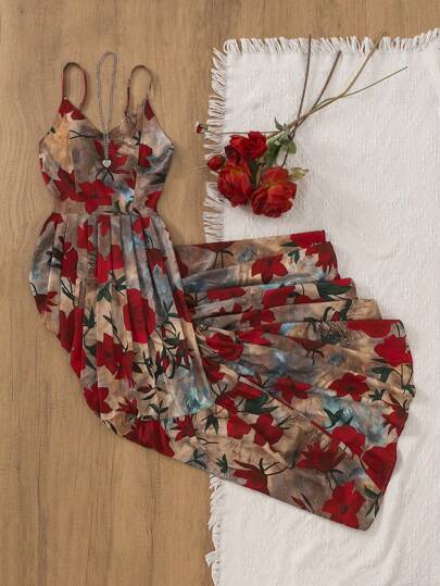 Vestido elegante de línea A con estampado floral vintage y espalda descubierta para mujer, ideal para fiestas, citas nocturnas y primavera