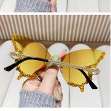 1 件大框水钻装饰时尚蝴蝶时尚眼镜，适合女士，日常使用和拍照，学院风，适合返校季，蝴蝶形状闪光装饰 - 黃色[全金色鑽] - 查看 3