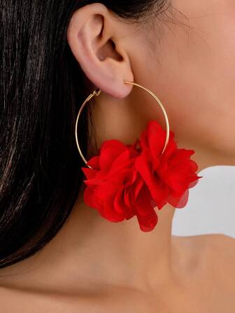 2 Pieces/Set Of Bohemian Style Red Floral Fabric Earrings, Suitable For Women's Gatherings And Holiday Gifts
