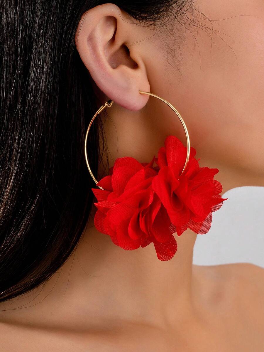 2pcs/Set Bohemian Style Red Floral Fabric Earrings, Suitable For Women's Parties And Holiday Gifts - Red - View 1
