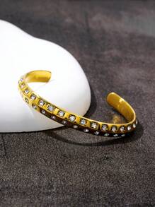 1pc Double Row Crystal C-Shape Open Bangle Bracelet, 18K Gold Stainless Steel Plating, Fashion Jewelry Suitable For Women's Daily Wear