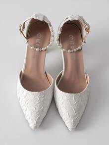 Hollow Platform Chunky Heel Pointed Toe Ankle Strap Pumps For Women Valentines Winter Gifts - White - View 3