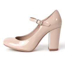 Women's White Wine Rose Gold Black Taupe Beige Grey Lipstick Natural Snake Mary Jane Pumps – Round Toe Ankle Strap Vintage Dress Heels [Size Up Half Size] - 深米色純素專利 - 查看 5