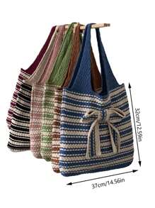 1 Peça Bolsa de Tricô de Grande Capacidade, Bolsa de Ombro Simples, Bolsa Transversal, Bolsa Estampa de Laço Dupla Cor Listrada Essencial para Sair, Viagem, Fotografia, Trabalho, Transporte de Roupas, Cosméticos, Pequenos Itens, Bolsa de Viagem, Adequada como Presente para Amigos, Família, Namoradas, Decoração de Quarto, Volta às Aulas, Itens Essenciais de Viagem