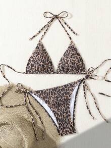 Bikini de dos piezas con estampado de leopardo fruncido y cuello halter, conjunto de baño con tiras de amarre estilo europeo, bestseller todo el año para fiestas en la playa - Marrón y negro - Ver 2