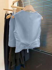 Conjunto de chaqueta y pantalones cortos de lino sin mangas informal/de verano para mujer