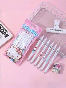 Set de 6 bolígrafos de agarre suave con motivos de dibujos animados, como Hello Kitty, Kuromi, Cinnamoroll y Pochacco, en color negro, adecuados para uso diario, decoraciones de fiesta, regalos de fiesta, regalos navideños y regalos de vuelta al colegio.