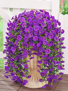 6 Stücke leuchtend lila Prunkwinde hängende Blumen, mit üppigen Eukalyptusblättern - UV-beständig, realistische Außendekoration, geeignet für Innenhöfe, Gärten, Häuser und Büros - perfekt für Hochzeiten, Jahrestage, Ostern, Valentinstag, Erntedankfest, Gartendekoration