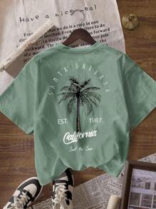 Camiseta de mujer de manga corta y cuello redondo con estampado de palmeras "Vacaciones en la playa de California en verano" de estilo casual