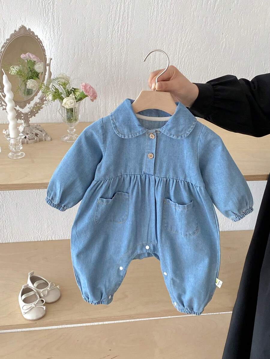 Korean Baby Spring New Bodysuits For Boys And Girls Ins Cute Lapel Denim Rompers - Blue - View 1