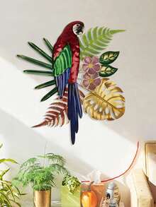 1PC Metal Parakeet And Tropical Leaves Wall Art, Vivid Colorful Bird Plaque, Versatile Flamingo Parrot Wall Hanging Decor For Home Bar Kitchen Coffee Shop