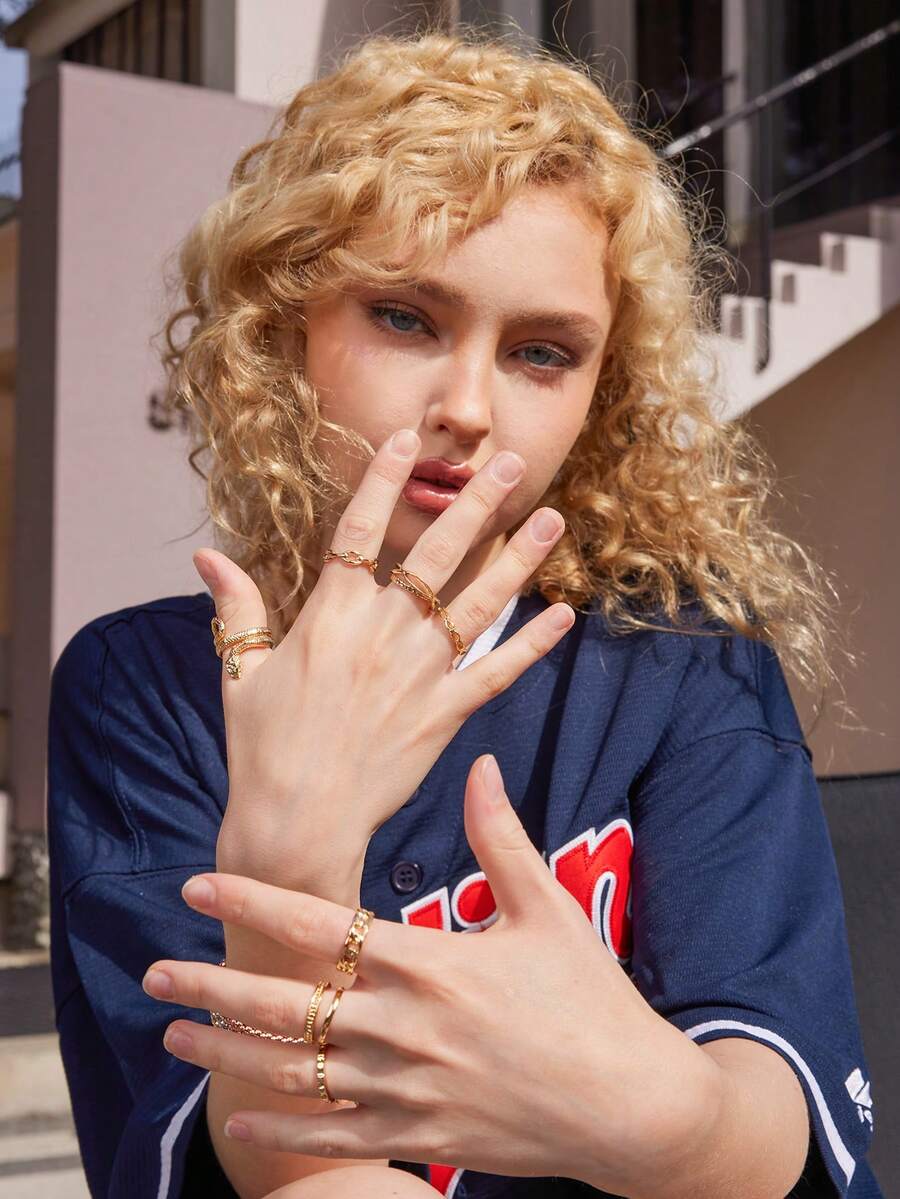 DareSee 9pcs/Set Metal Chunky Chain & Snake Design Knuckle Rings Music Fest Y2KFest Autumn Winter Gifts - Yellow Gold - View 1