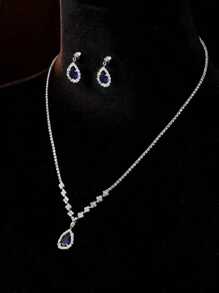 2 Pcs Set Blue Crystal Stone Denpent Necklace Bracelet With Dazzling Cubic Zirconia Romantic Daily Wear Jewelry Girl Gift