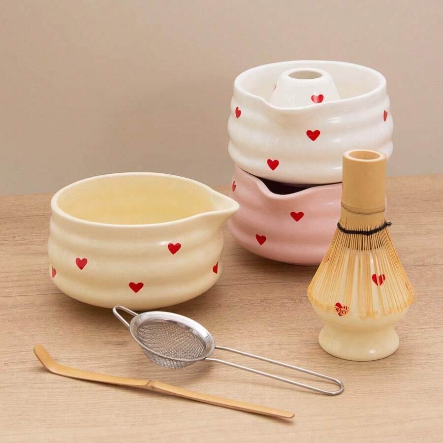 1 件/2 件/3 件/4 件/5 件手绘心形抹茶茶具，极具吸引力的心形抹茶碗、抹茶搅拌器、茶叶罐，完整可爱清新简约的茶道套装，适合抹茶初学者，抹茶爱好者的礼物，生日礼物 - 彩色 - 查看 1
