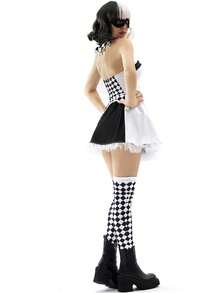 Women's Black White Diamond Harlequin Clown Costume, Circus Jester Outfit Set With Mask & Stockings For Halloween, Cosplay, Masquerade, Themed Party - 黑色 - 查看 6