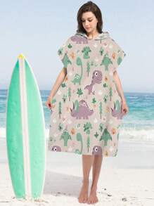 1pc Adorable Cartoon Printed Hooded Beach Towel Wrap, Wearable And Absorbent, Soft Polyester Material, Quick Drying, Sand-Free, Ideal For Travel, Swimming, Park, Sun Protection, Outdoor, Beach, Pool, A Must-Have Holiday Item For Utmost Comfort Back To School