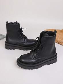 女士圆头系带中筒靴，纯色粗跟，侧拉链，户外节日，春秋季 - 黑色 - 查看 2