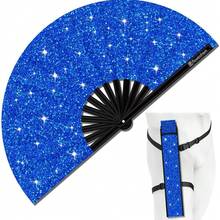 1pc Glowing Big Carnival Folding Hand Fan, Suitable For EDM, Festivals, Clubs, Parties, Dancing (Silver + Black), Shining - Multicolor - View 6