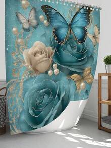 1pc/4pcs Floral Butterfly Multifunctional Bath Decor Set, Including Waterproof Shower Curtain With 12 Hooks, Anti-Slip Bath Mat, U-Shaped Toilet Mat, And Round Toilet Lid Cover, Ideal For Bathroom Scenes Bathroom Accessories Back To School