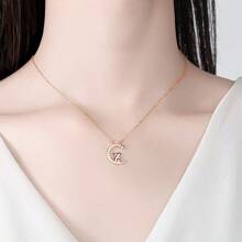 1 Pc Moon & Cute Rabbit Design Necklace, Adorable Nature Style, Starry Rhinestone Decor Animal Pendant Collarbone Chain, Korean Fashion