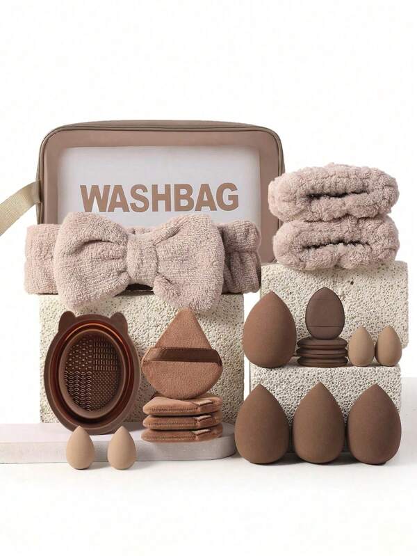 Set de 21 piezas de bolsa de cosméticos, que incluye: 1 bolsa de cosméticos, 4 borlas para polvo, 4 esponjas grandes, 4 borlas de polvo de dedo mini, 4 huevos de esponja mini, 1 diadema, 2 muñequeras, 1 herramienta de limpieza, bolsa de almacenamiento de cosméticos de gran capacidad, bolsa de almacenamiento de artículos de viaje de maquillaje, bolsa transparente de accesorios de uñas