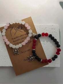 2Pcs/Set Fashionable Spider Heart Charm Pendant Matching Beads Bracelets For Couples Best Friendship Holiday Gift Jewelry Accessory - Hồng, Trắng, Đen và Đỏ - Xem 9