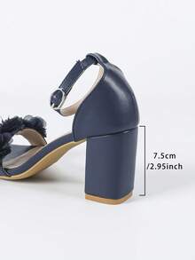 Women's Navy Blue 3D Floral Decor Square Toe Strappy Chunky Heel Sandals, Sweet & Elegant Style For Wedding, Party, Spring/Summer - Royal Blue - View 8