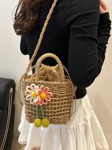 1 件可爱假日风格镂空草编女士抽绳水桶包，花朵装饰斜挎单肩包，适合女性夏季海滩度假、休闲、拍照、送礼，高评价品牌 - 彩色 - 查看 7