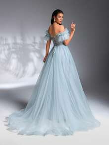 IBTRLY Luxurious Elegant Light Blue Sheer Floral Embroidered Mesh Patchwork Off Shoulder Trailing Formal Dress, Suitable For Formal Banquet, Party, Wedding, Birthday Party (Heavy-Duty Version) (Size Runs Small, Customers Advised To Check Size Chart) - Baby Blue - View 7