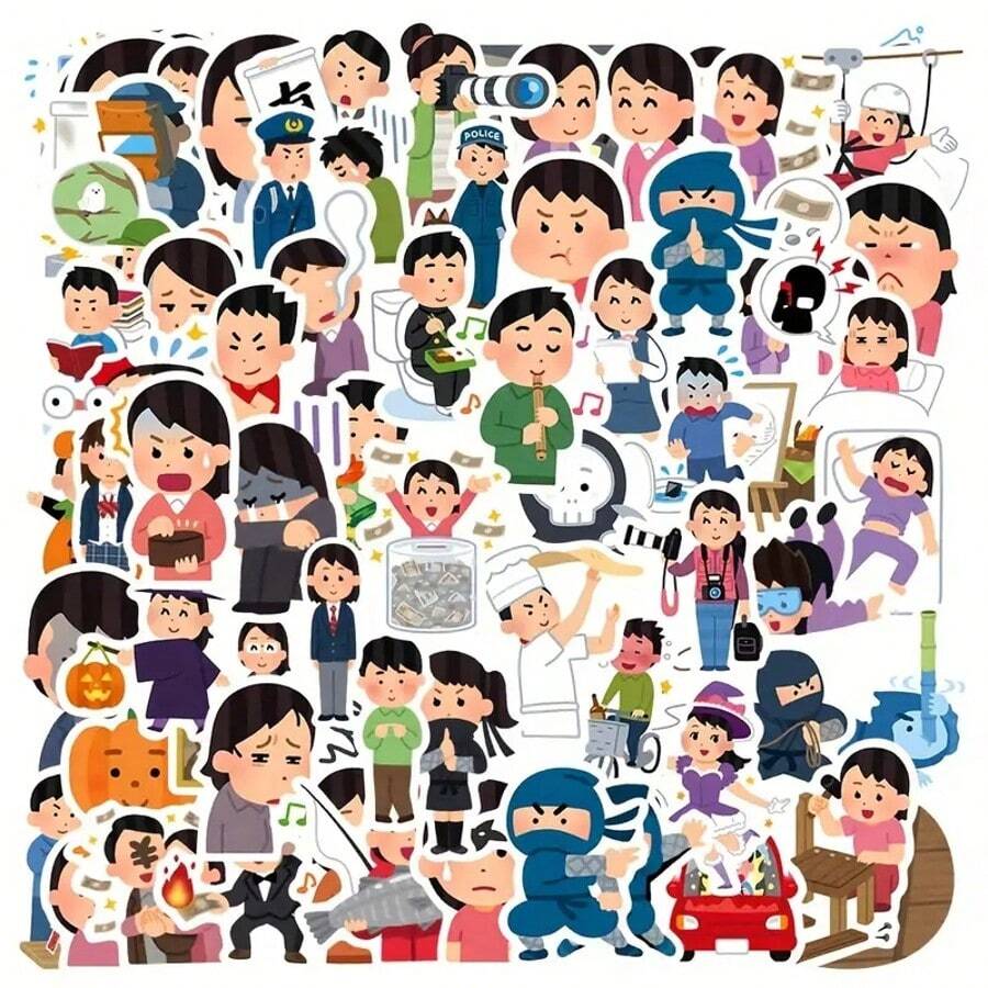100 张日本动漫贴纸、可爱 PVC 人物涂鸦贴纸、抽象 Irsutoya 修订图形、创意贴纸，适用于 DIY 笔记本、手机壳、行李箱、背包、小提琴盒、游戏机、移动电源、笔记本电脑