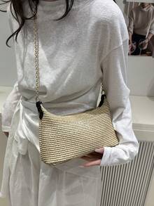 女士波西米亚海滩托特包，轻巧的草编手提包，配有金属链带，时尚休闲，适合度假，可肩背或腋下携带 - 黑色 - 查看 5