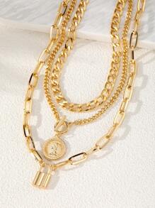 3 Piezas/conjunto Collar De Cadena Gruesa De Capas Múltiples Con Colgantes De Candado Y Moneda Para Mujeres