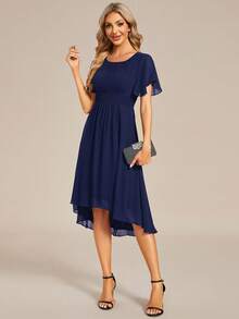 Fall Women's Elegant Ruffle Sleeve Pleated Chiffon Navy Blue Bridesmaid Dresses Formal Dress Wedding Guest Gown For Wedding